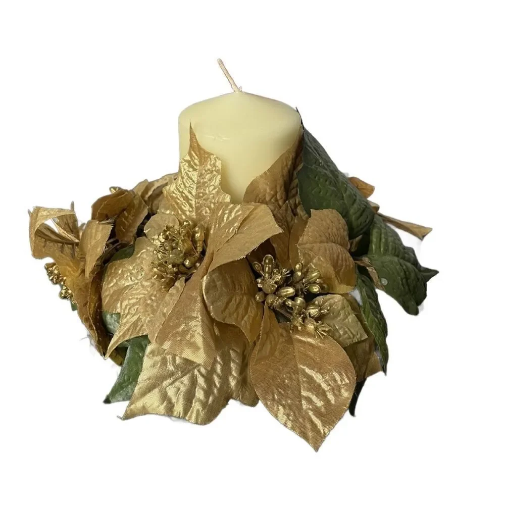Gold Poinsettia & Green Leaf Circular Holiday Candle Holder w/Large Candle